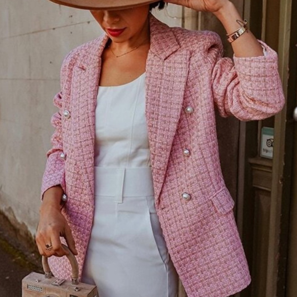 Classic Plaid Tweed Double Breasted Pink Blazer Jacket Long Sleeve